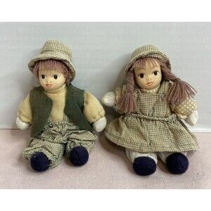 Porcelain Face Vintage Dolls Boy Girl Matching Couple Pair Plaid Dress Overalls